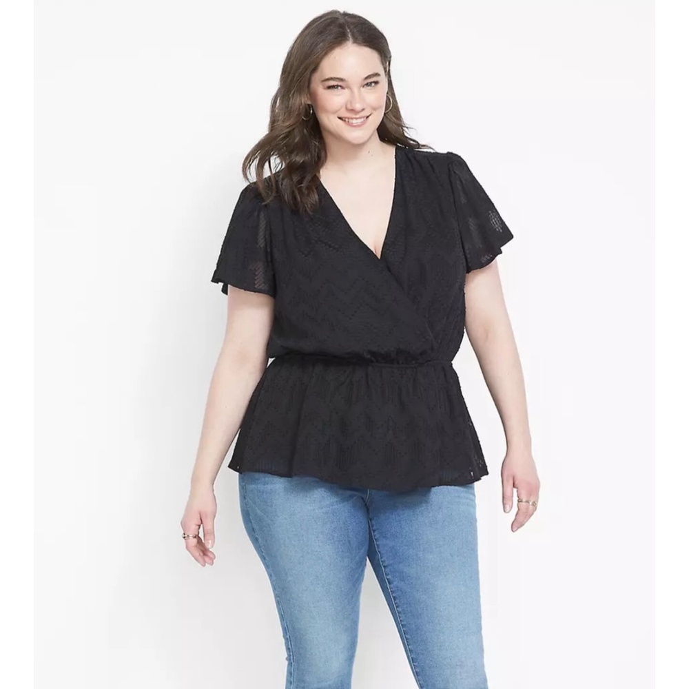 Lane Bryant Black Surplice Vneck Peplum Blouse Size 1X - Picture 2 of 11